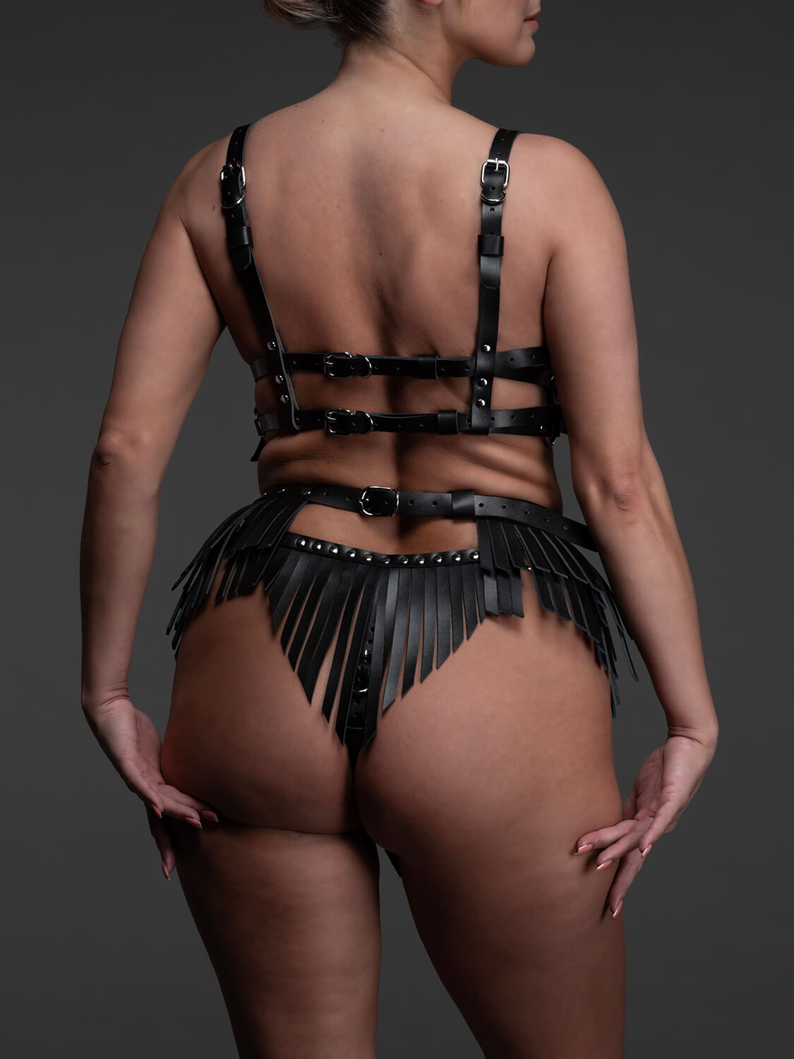 Genuine leather lingerie set Fringe black back VoyeurX Genuine leather lingerie set Fringe black back VoyeurX
