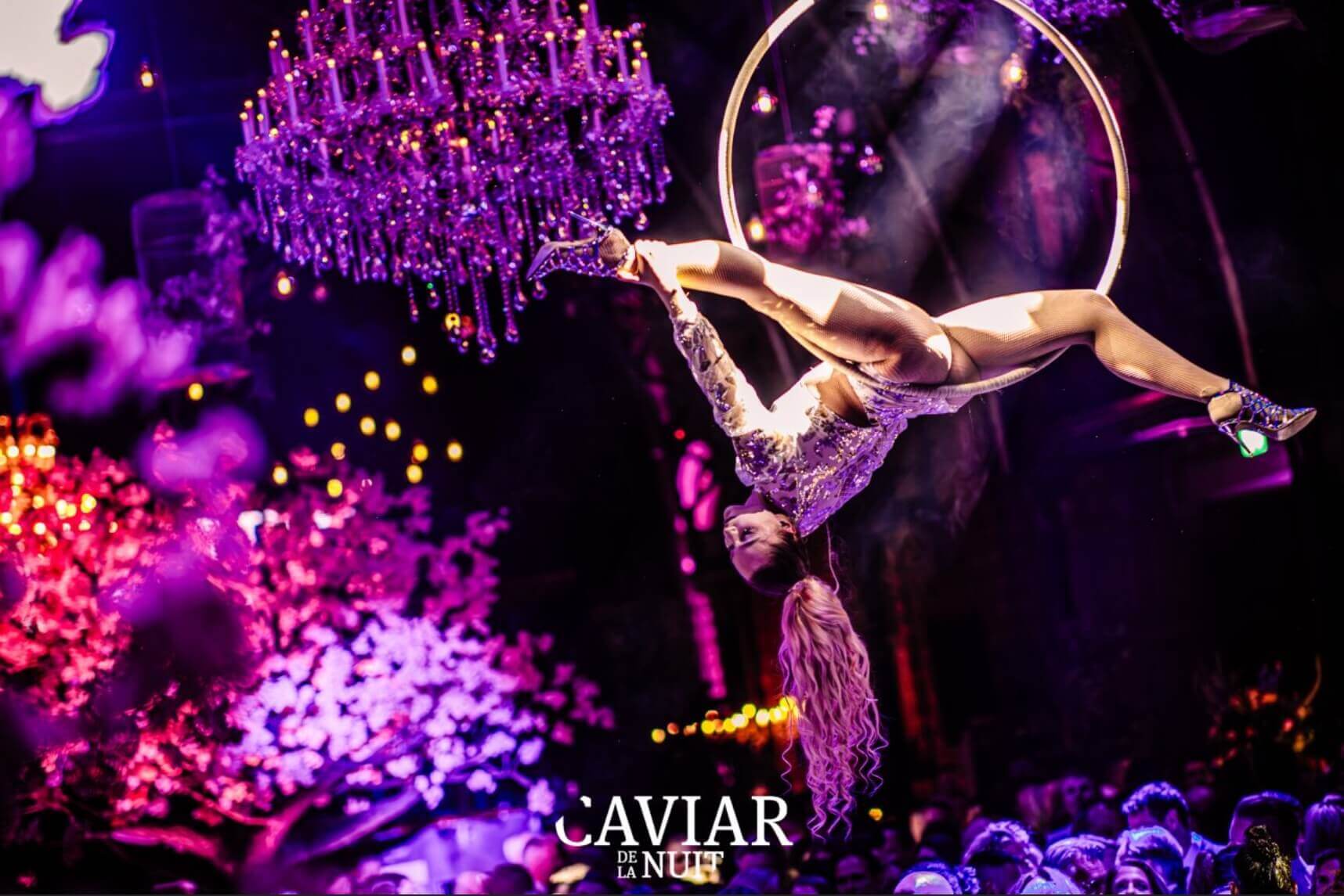 Entertainment at a lingerie party — aerial silk performance and atmosphere