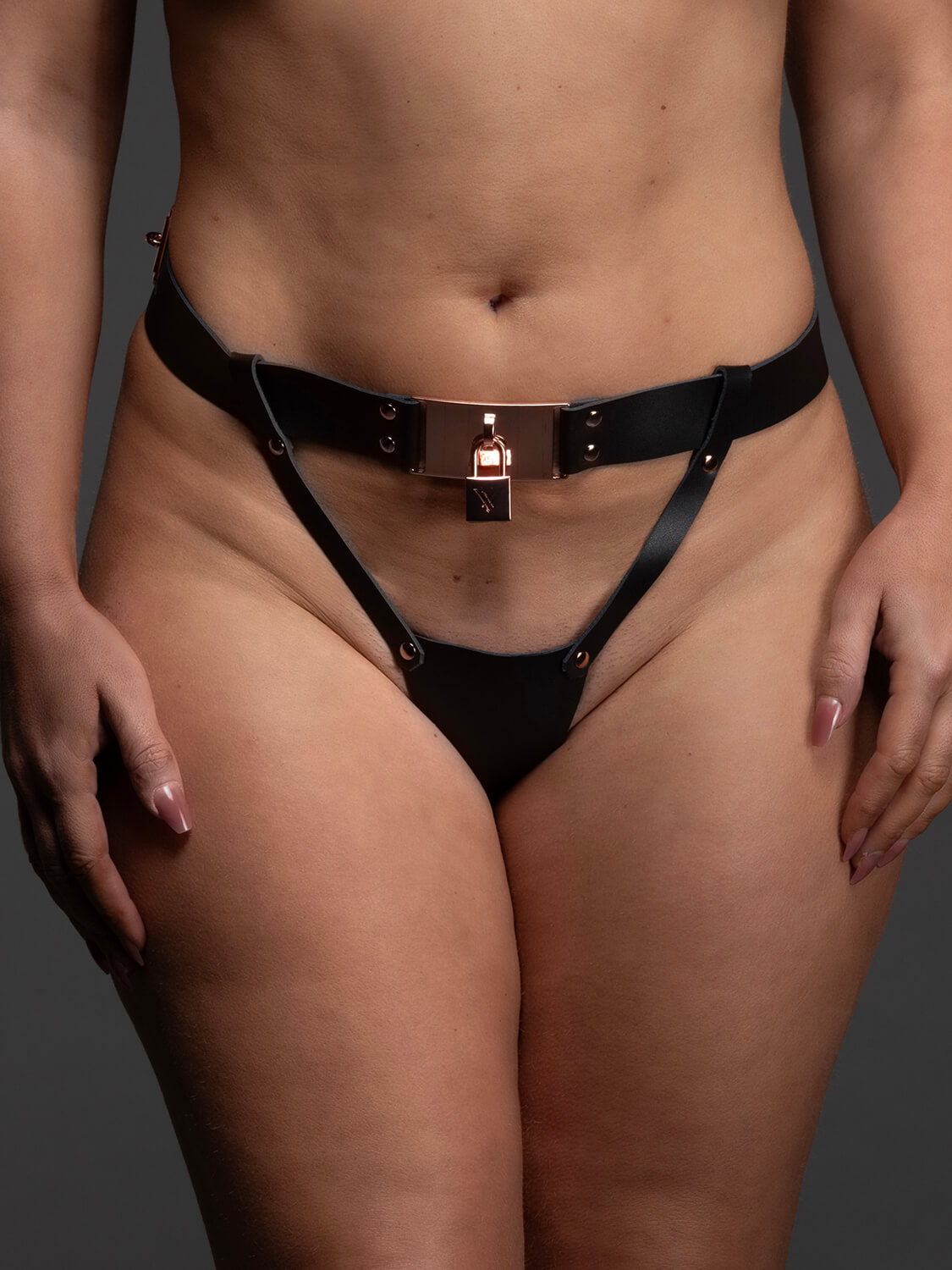 Genuine leather string secured black with rose gold lock VoyeurX