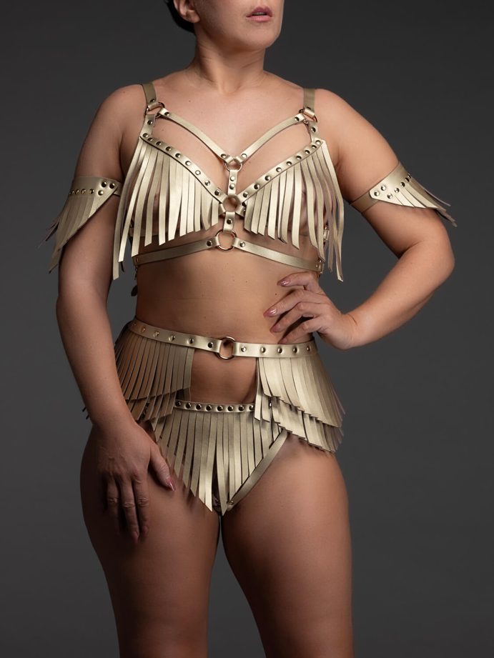 Echt leren lingerie set Fringe goud limited edition voorkant VoyeurX