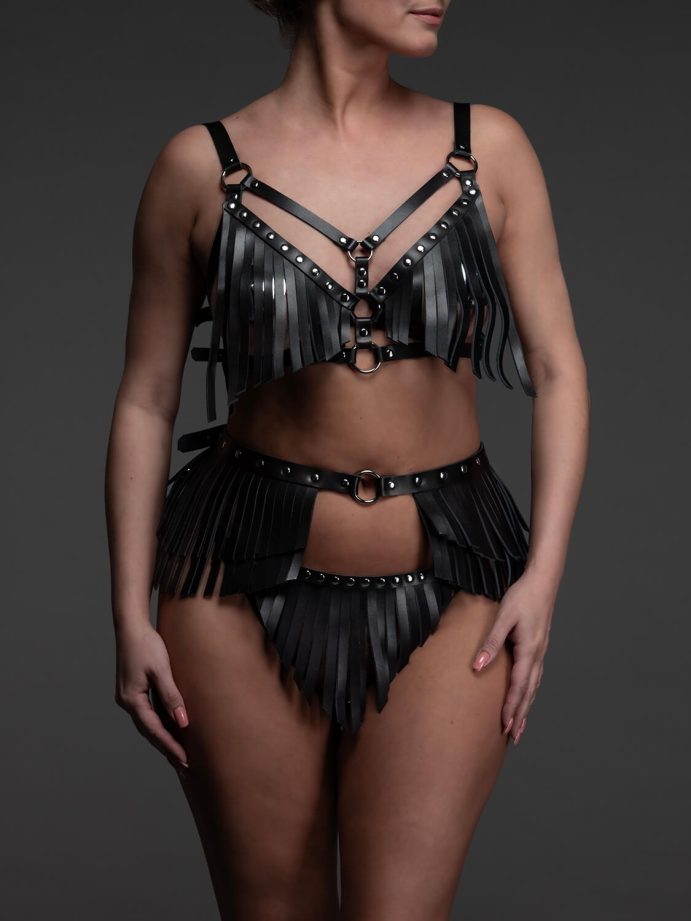 Real leather lingerie set Fringe black front VoyeurX