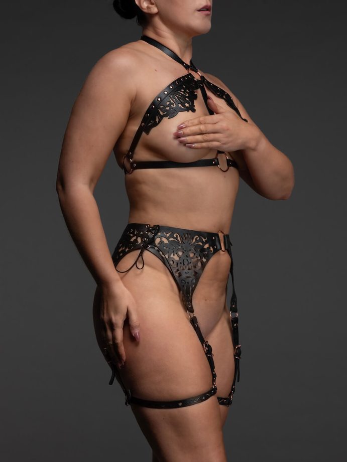 Real leather lingerie set Lucy black with laser cut detail side VoyeurX