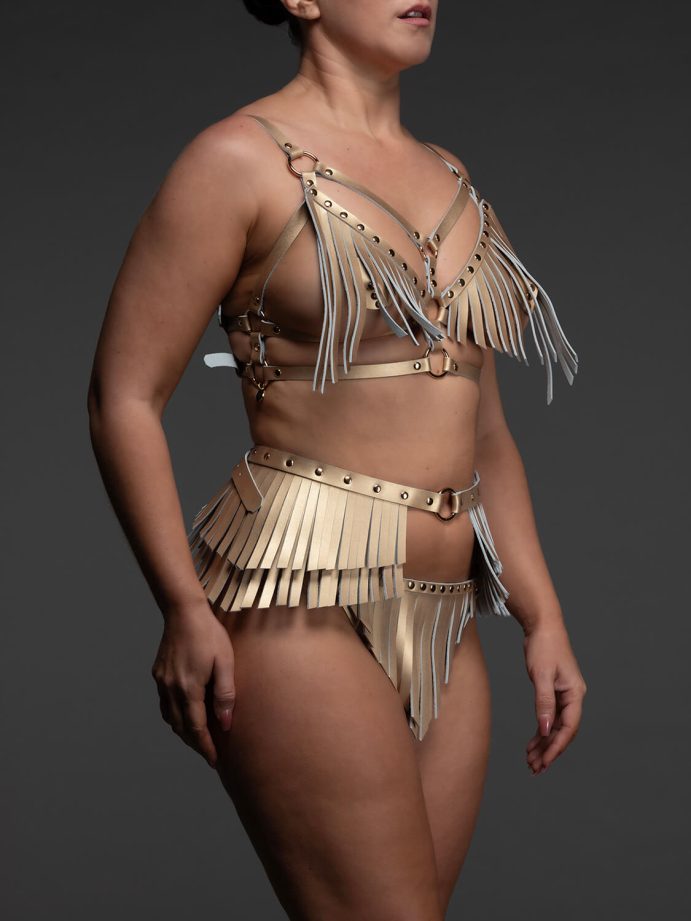 Lingerie set, genuine leather, fringe, gold, limited edition, side, VoyeurX